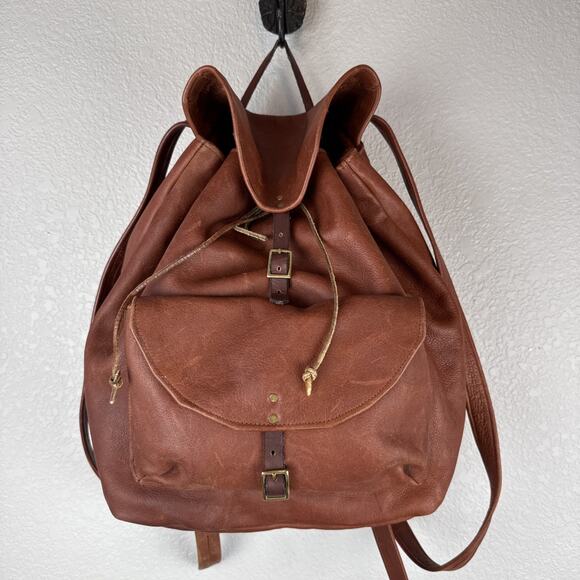 Vintage Handmade Brown Soft Leather Flap Backpack Rucksack Country Boho Hippie - Picture 1 of 6